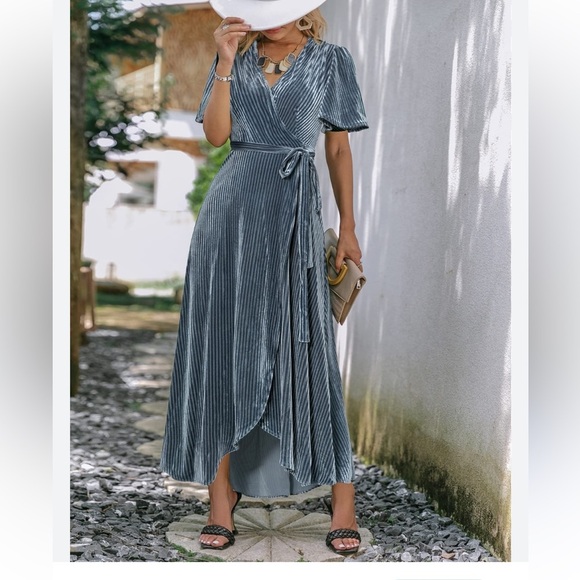 Elegant Simplee Plus, Steel Blue Ribbed Velour High Low Wrap Dress. Short Sleeve - Picture 11 of 16